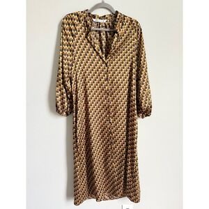 Zara Womens Geometric Retro Print Midi Shift Dress Mustard Brown V-Neck Large